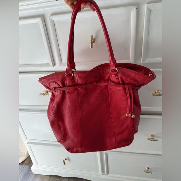 Isaac Mizrahi Large RED 100% genuine Leather Bag Tote Purse gold hardware - Picture 12 of 16